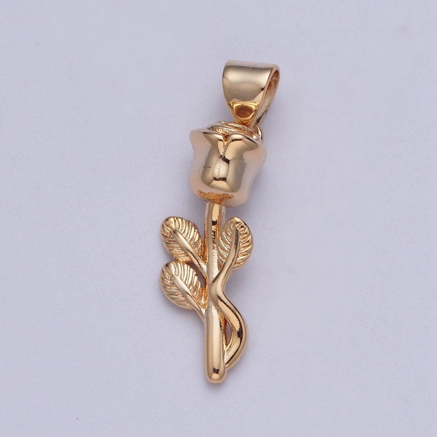 16k gold plated rose pendant w. stem and tangled vines micro pave cz pendant, dainty stem leaves floral flower gold rose charm | x-398