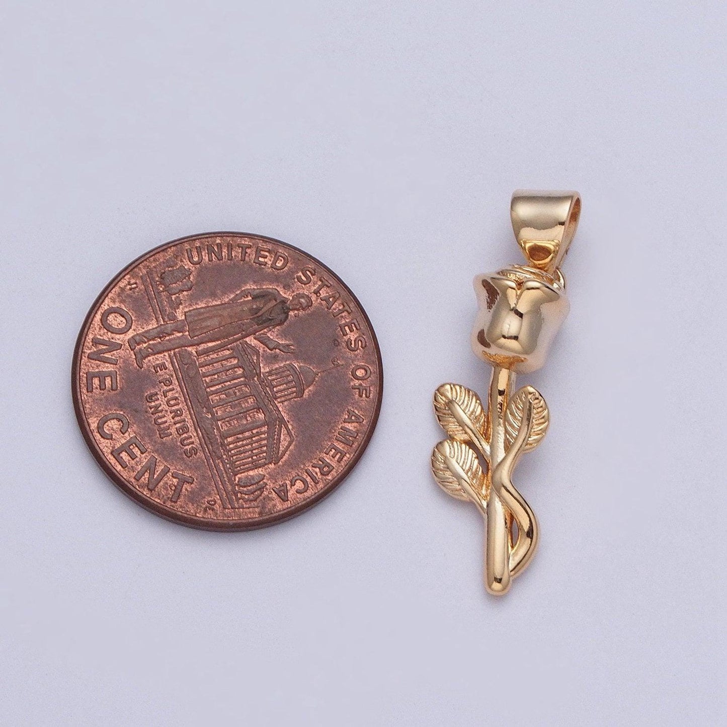 16k gold plated rose pendant w. stem and tangled vines micro pave cz pendant, dainty stem leaves floral flower gold rose charm | x-398