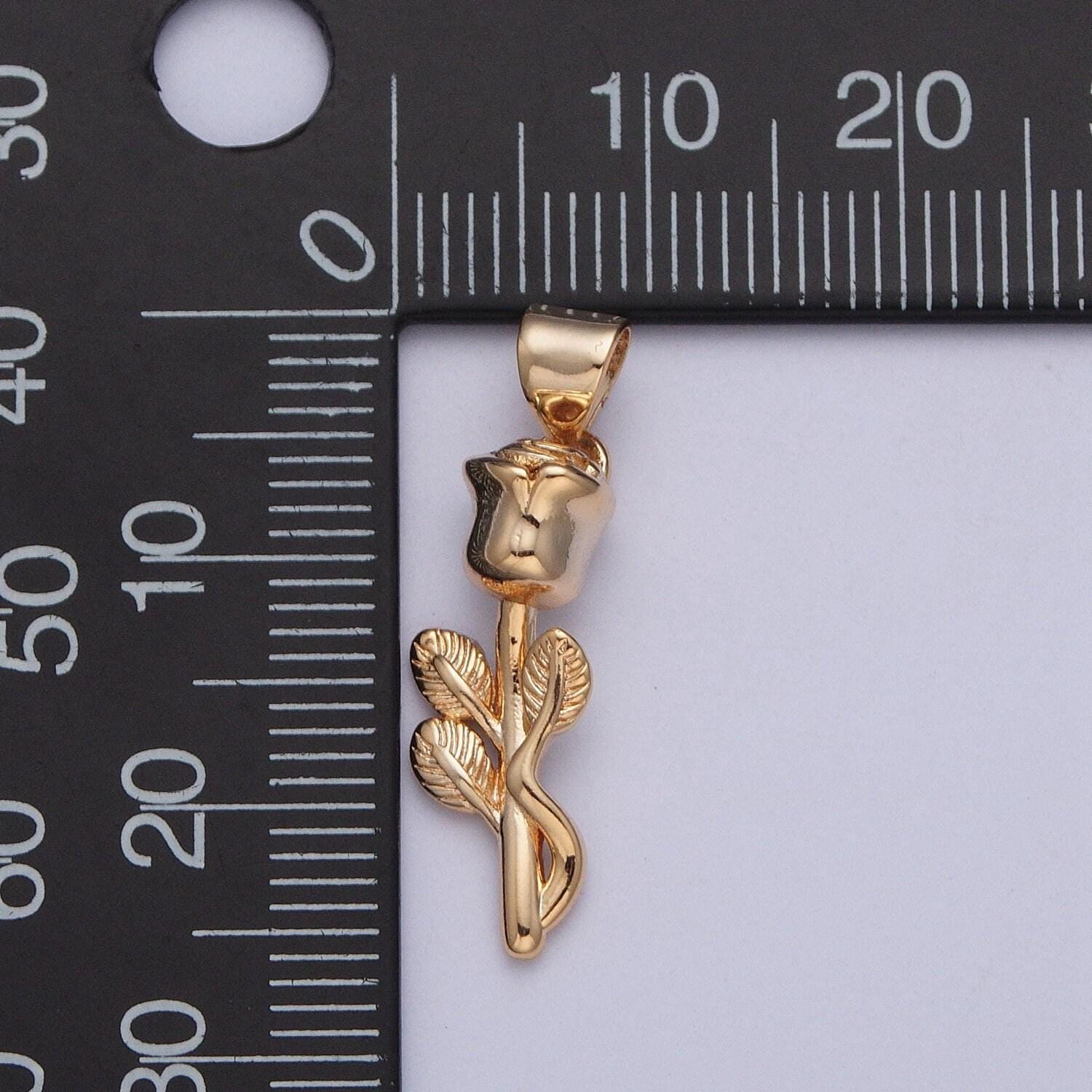 16k gold plated rose pendant w. stem and tangled vines micro pave cz pendant, dainty stem leaves floral flower gold rose charm | x-398