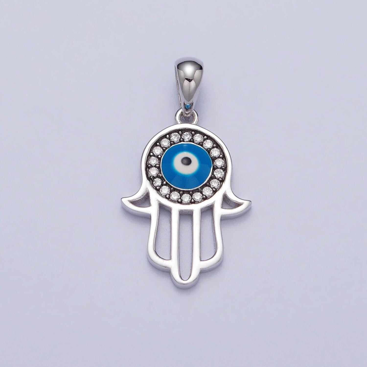 S925 sterling silver hamsa hand charm micro pave charm , hand of fatima evil eye jewelry pendant charm for religious jewelry supply sl-406