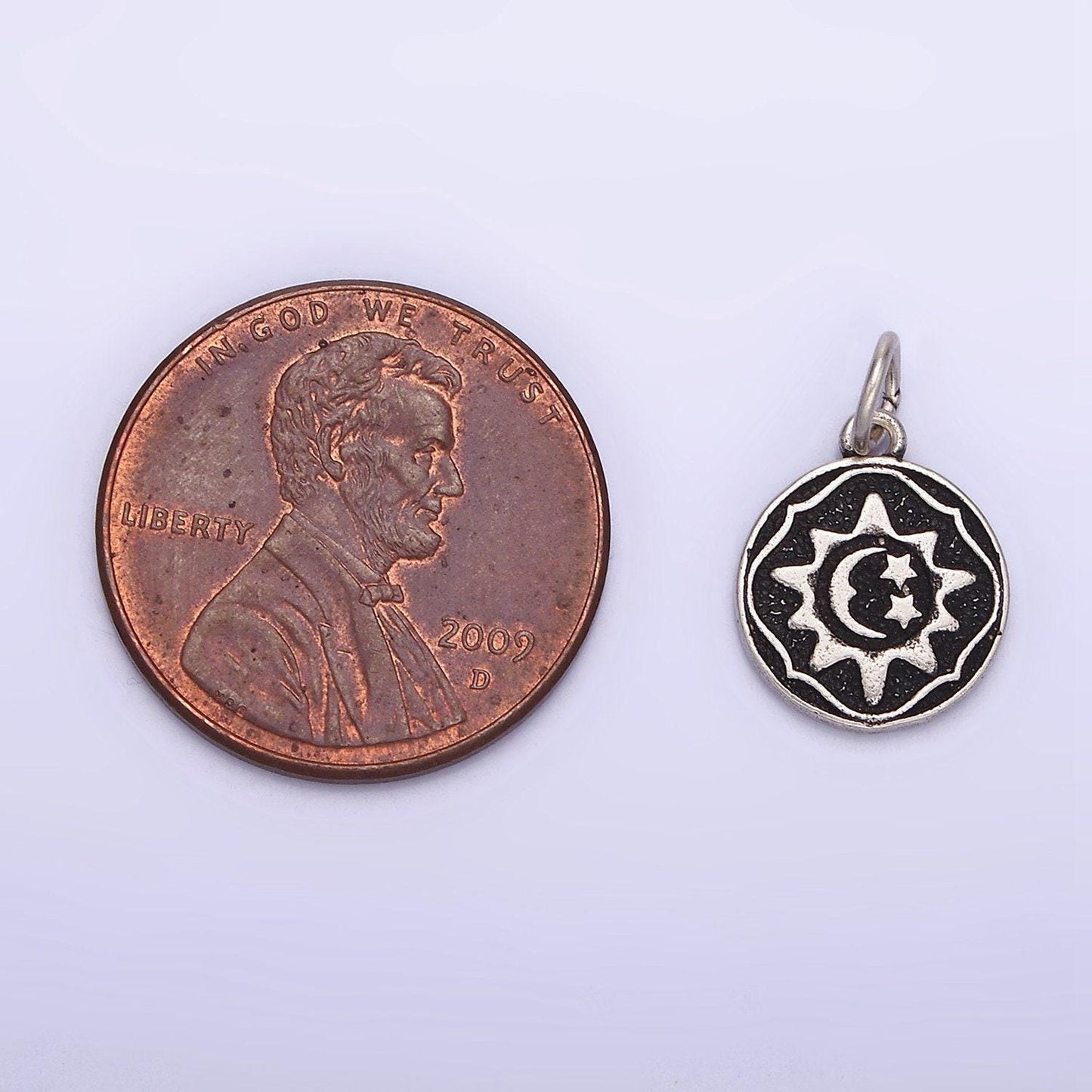 Sterling silver s925 celestial sun star crescent moon round coin charm | sl-343