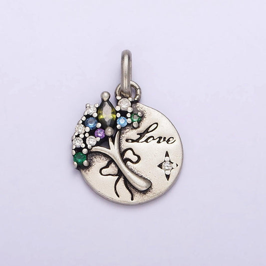 Dainty coin charm with multi color cz bouquet flower in 925 sterling silver pendant sl-320