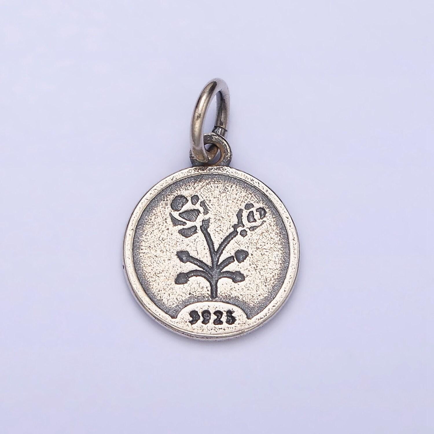 Sterling silver s925 rose flower rhombus heart petal double sided round medallion charm | sl-285