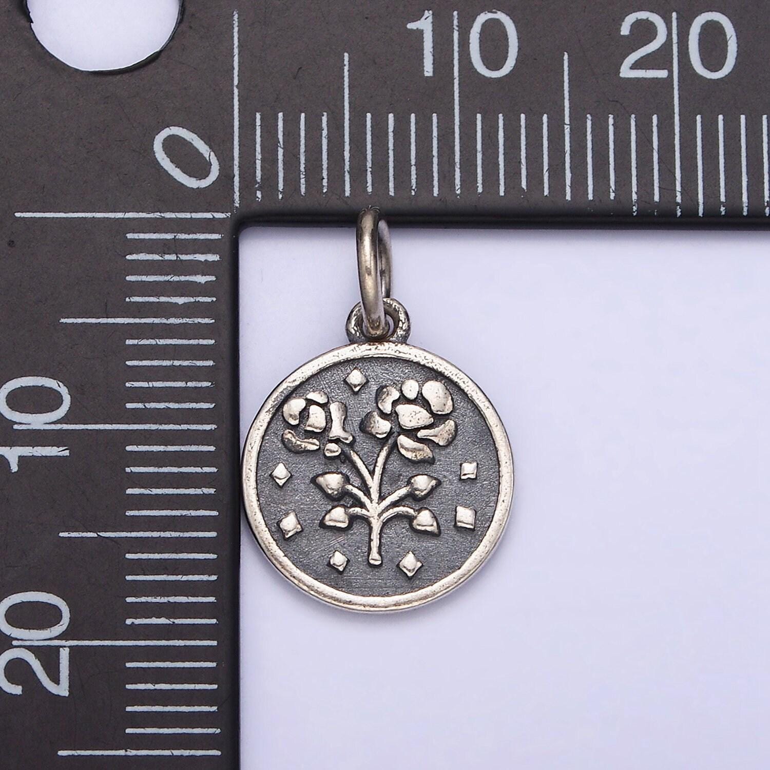 Sterling silver s925 rose flower rhombus heart petal double sided round medallion charm | sl-285