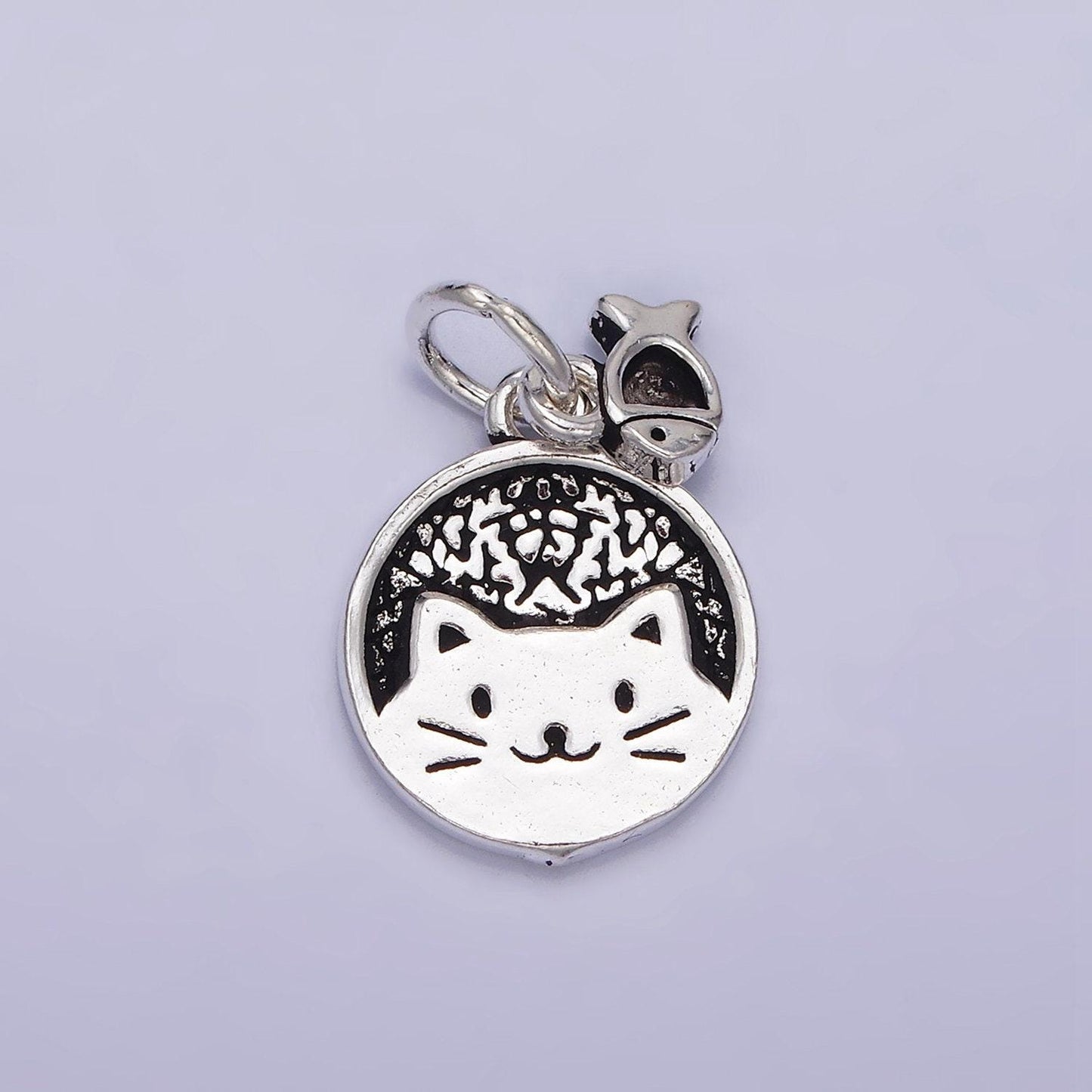 Sterling silver s925 pet kitty cat round textured mini fish drop double charm | sl-268