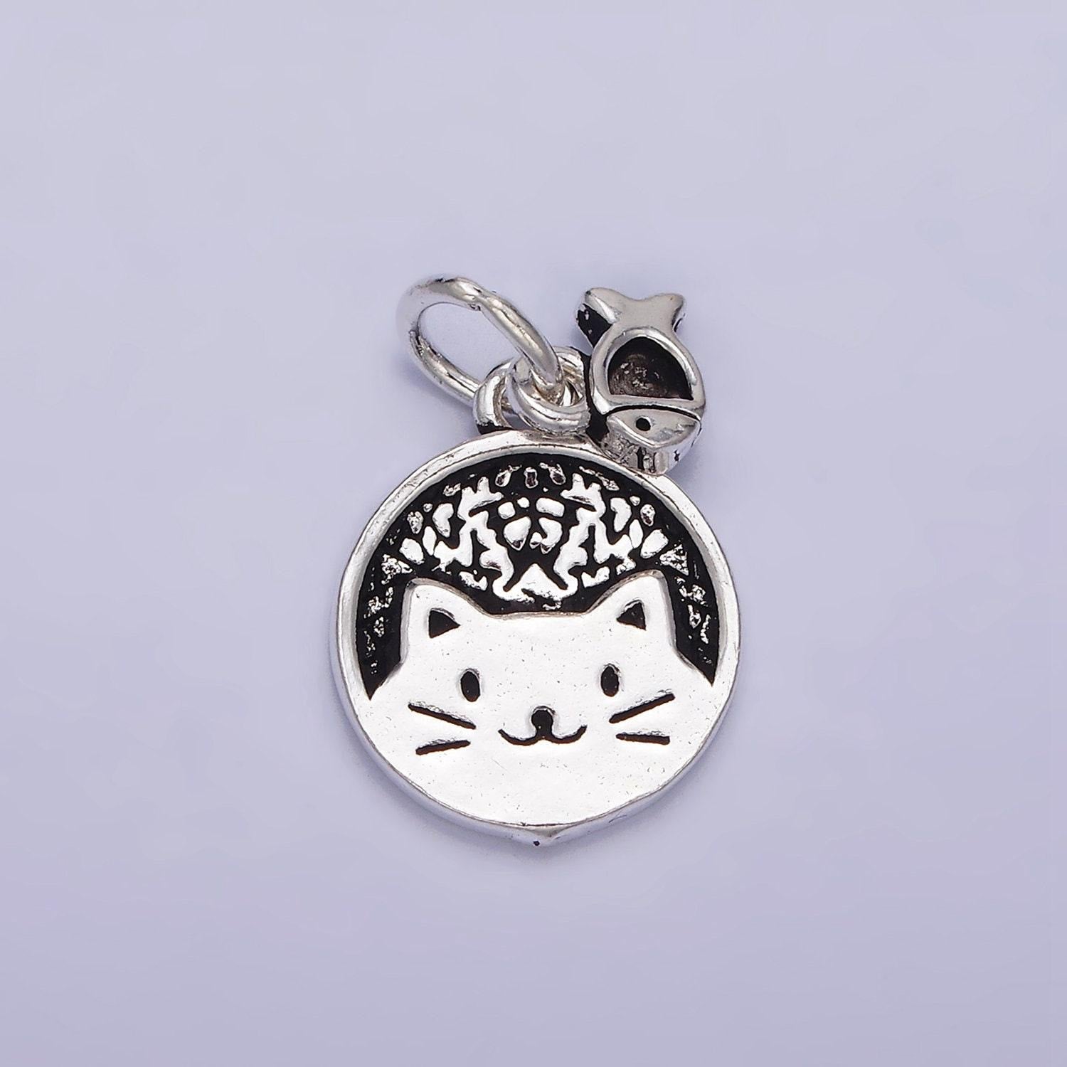 Sterling silver s925 pet kitty cat round textured mini fish drop double charm | sl-268