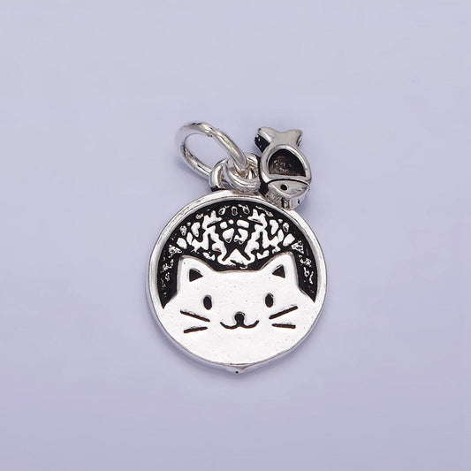 Sterling silver s925 pet kitty cat round textured mini fish drop double charm | sl-268