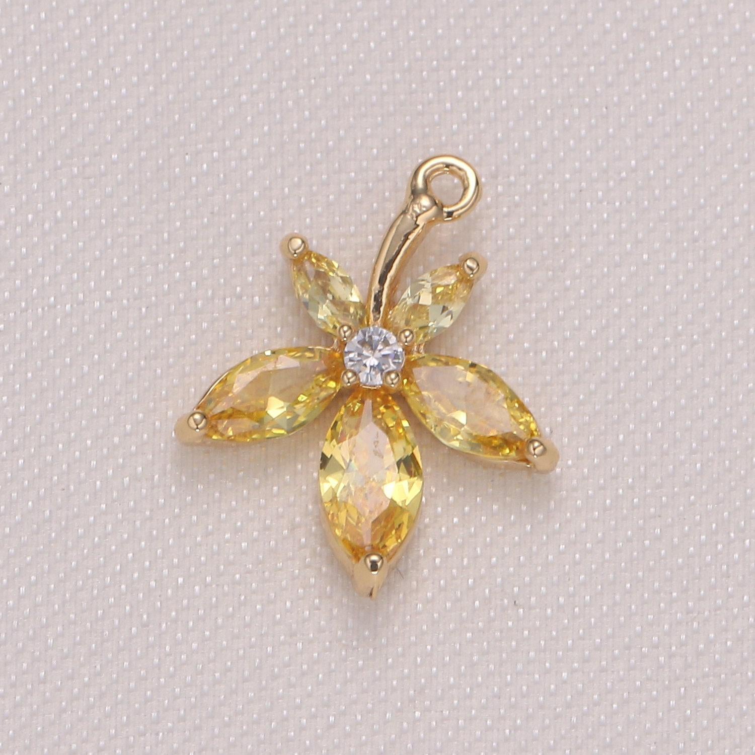 14x17mm tiny flower charm pendant, daisy petal charm necklace bracelet earring charms, floral lover pink purple yellow gold micro pave -950