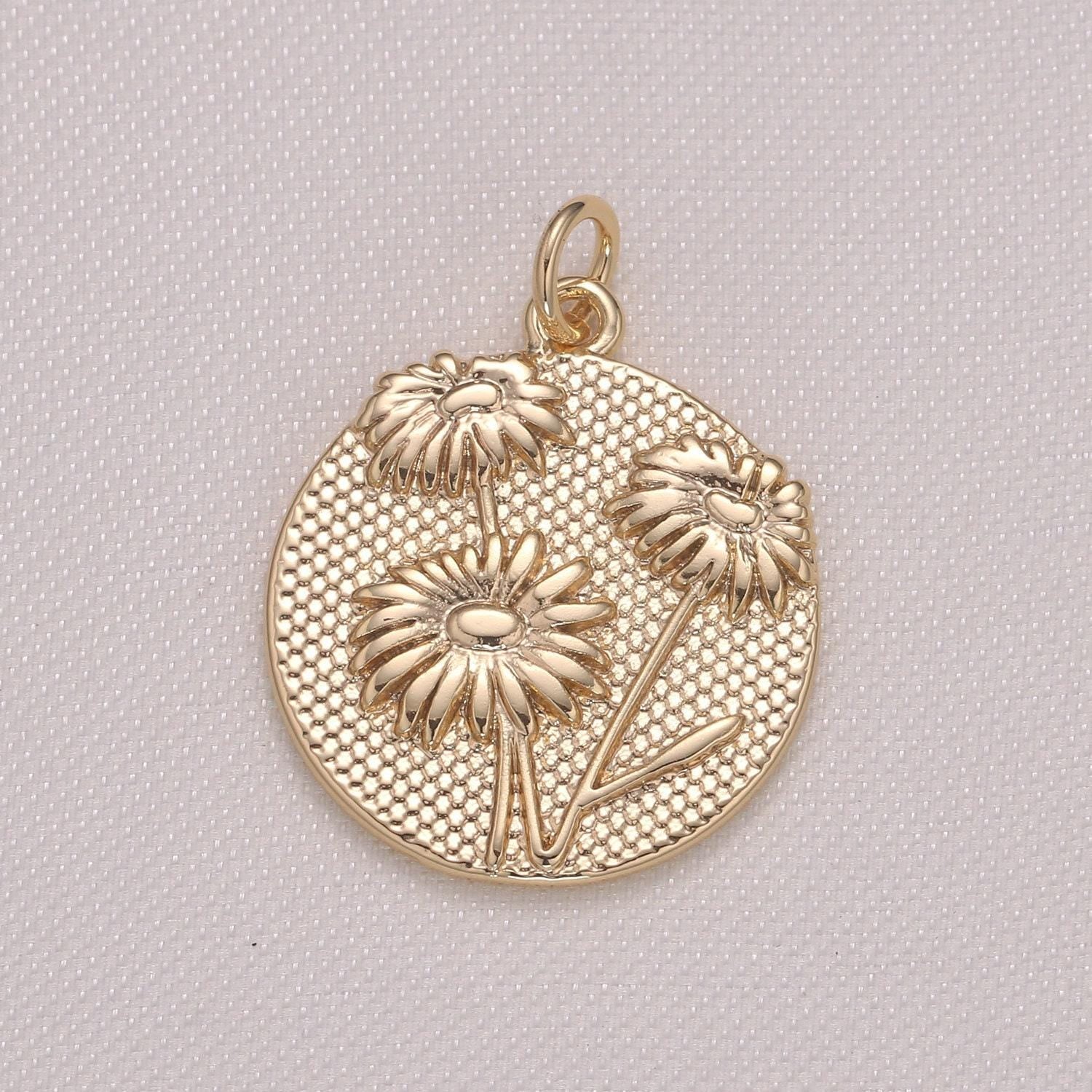 Sun flower charm- gold plated over brass dainty floral medallion charm coin disc round pendant for minimalist jewelry supply gp-943