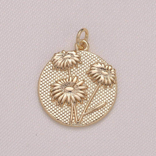 Sun flower charm- gold plated over brass dainty floral medallion charm coin disc round pendant for minimalist jewelry supply gp-943