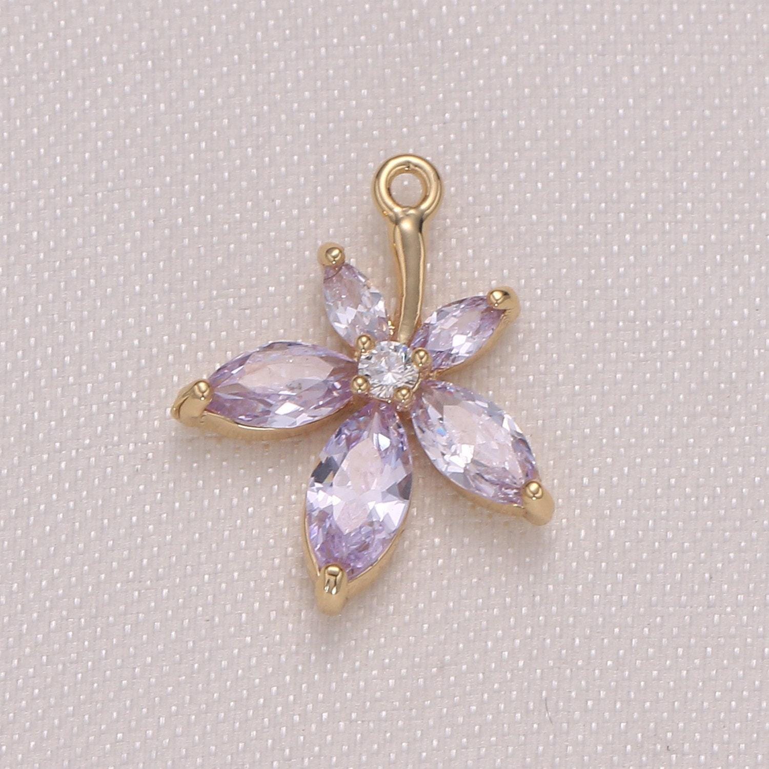 14x17mm tiny flower charm pendant, daisy petal charm necklace bracelet earring charms, floral lover pink purple yellow gold micro pave -950