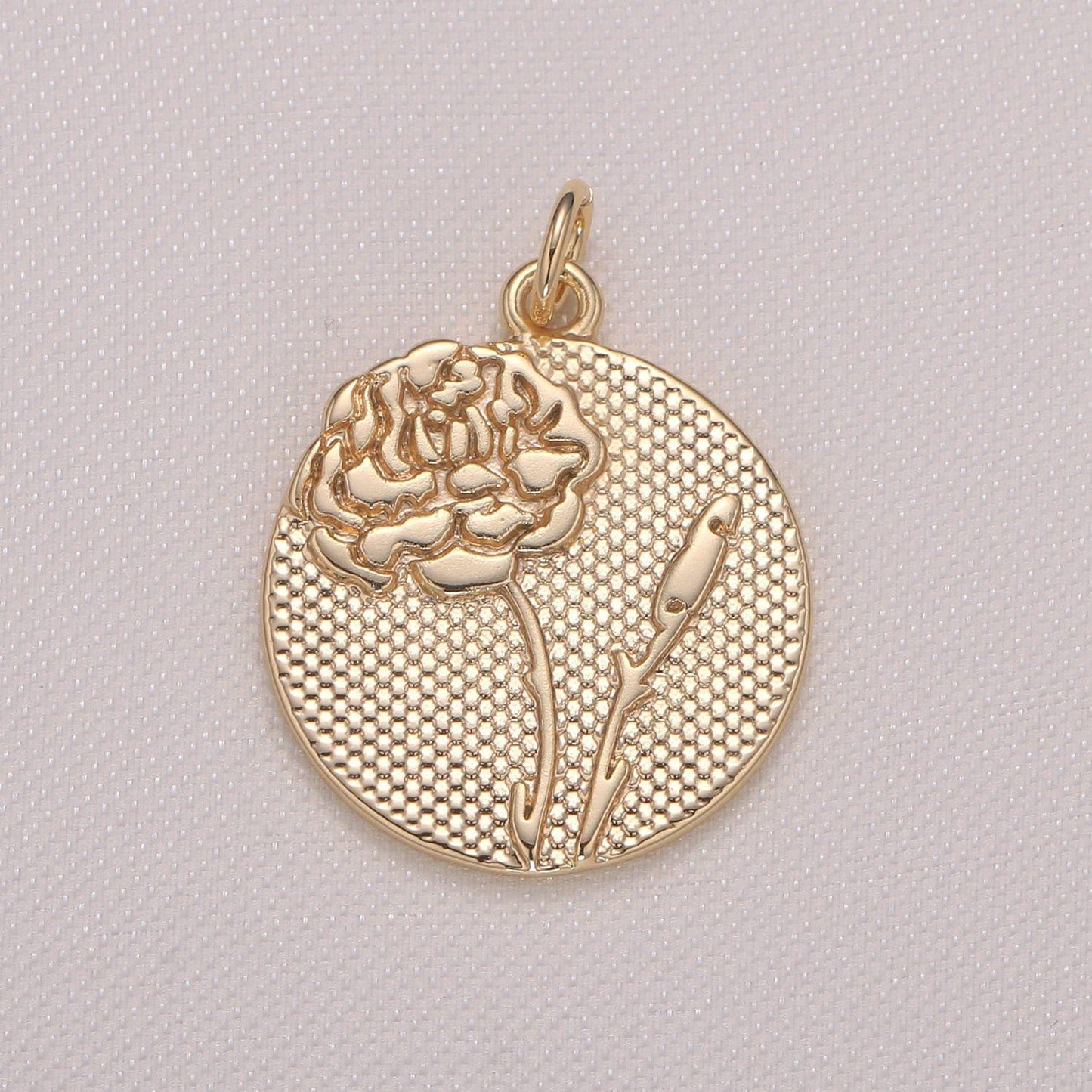 Rose flower charm- gold plated over brass dainty floral medallion charm coin disc round pendant for minimalist jewelry supply gp941