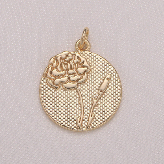 Rose flower charm- gold plated over brass dainty floral medallion charm coin disc round pendant for minimalist jewelry supply gp941