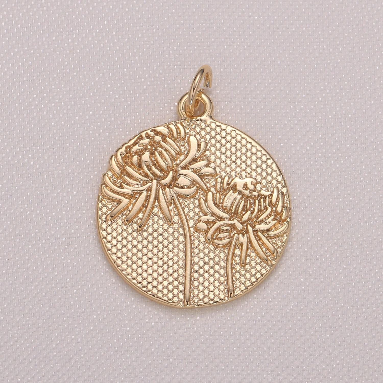 Dandellion flower charm- gold plated over brass dainty floral medallion charm round rustic pendant for minimalist jewelry supply gp940