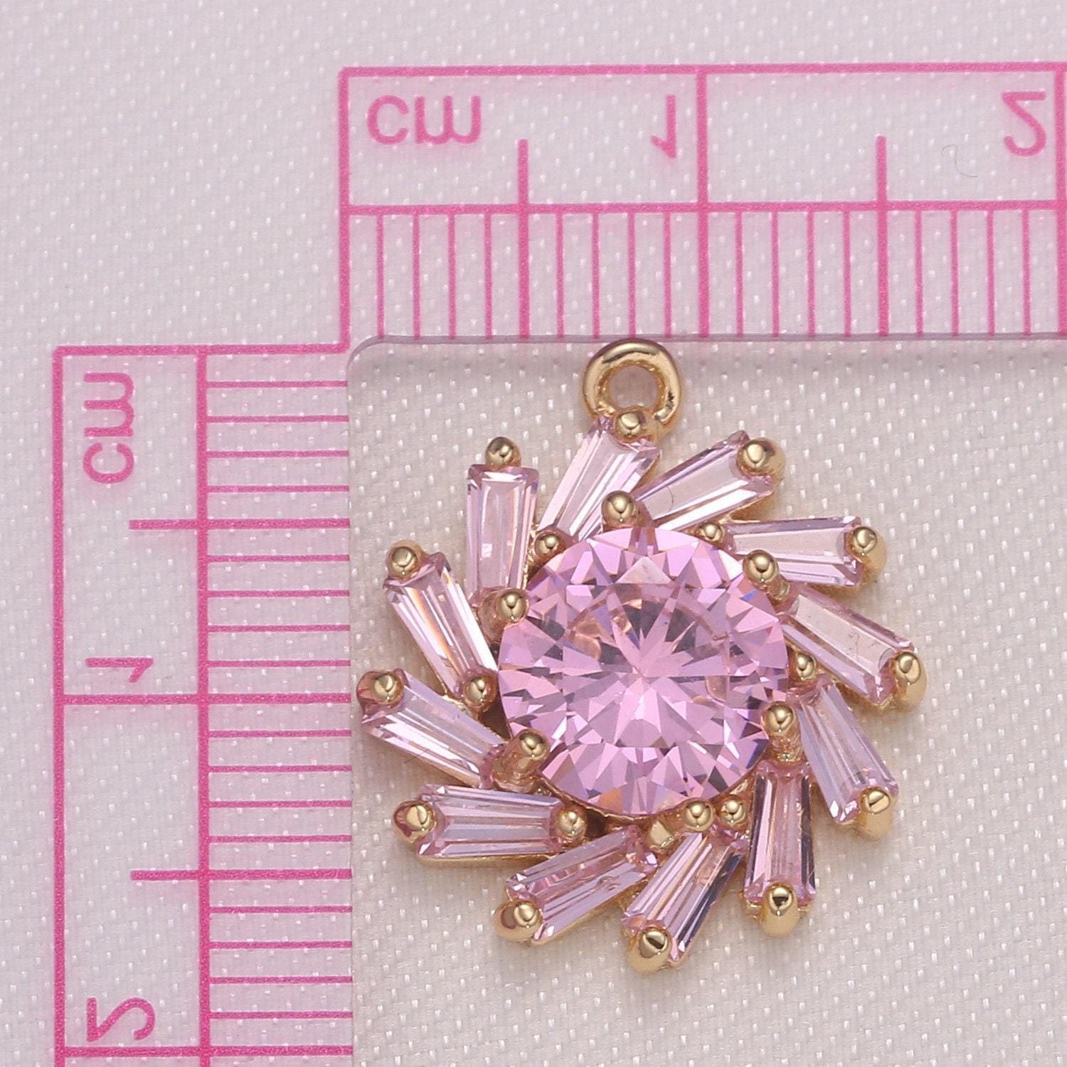 Dainty cute sun pink cubic zirconia gold plated pave cz charm pendant celestial sun ray charm bracelet necklace earring supply, 939