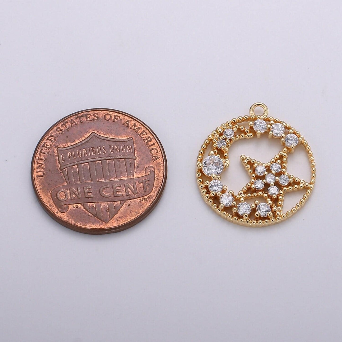 Gold moon and star medallion pendant -gold plated over brass for celestial jewelry round disc charm pendant micro pave charm -673