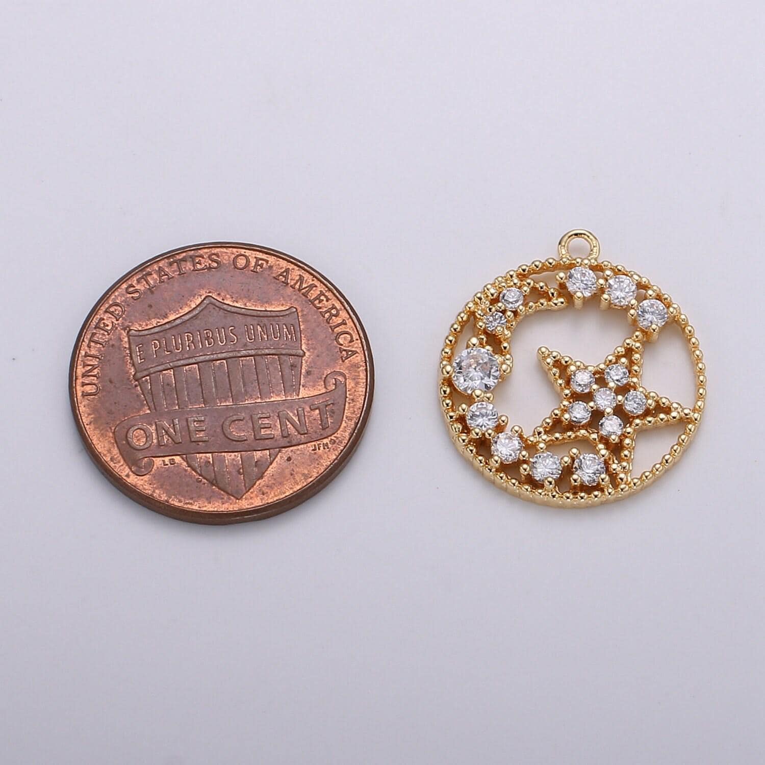 Gold moon and star medallion pendant -gold plated over brass for celestial jewelry round disc charm pendant micro pave charm -673