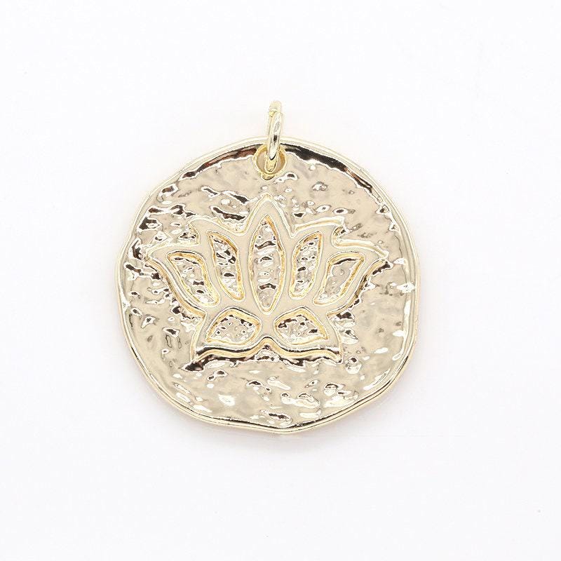 Mini gold lotus flower charm,rustic coin pendant, yoga zen meditation symbol jewelry bracelet earring necklace -448