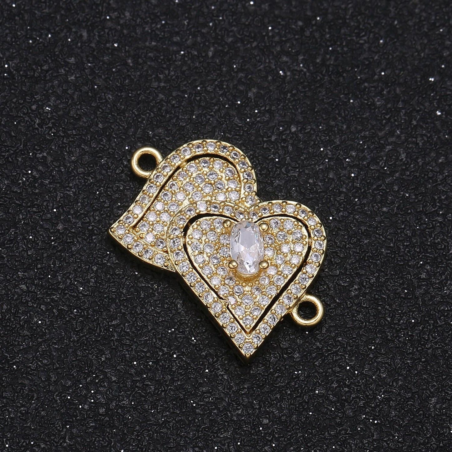 Gold micro pave love jewelry dainty double heart link connector floating hearts charm for bracelet necklace supply