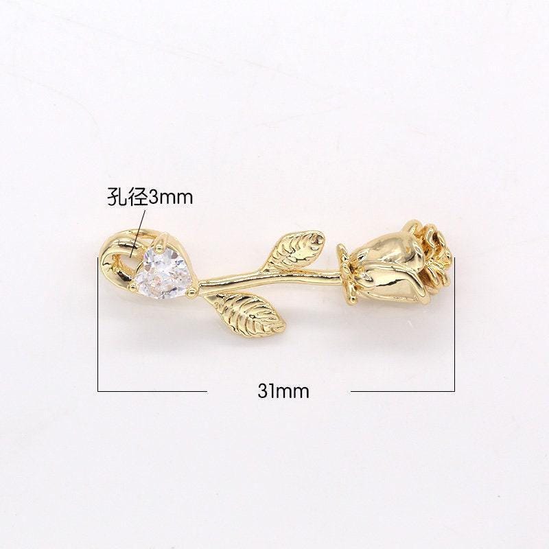 Dainty gold rose charm for necklace earring component upside down cz flower pendant -281