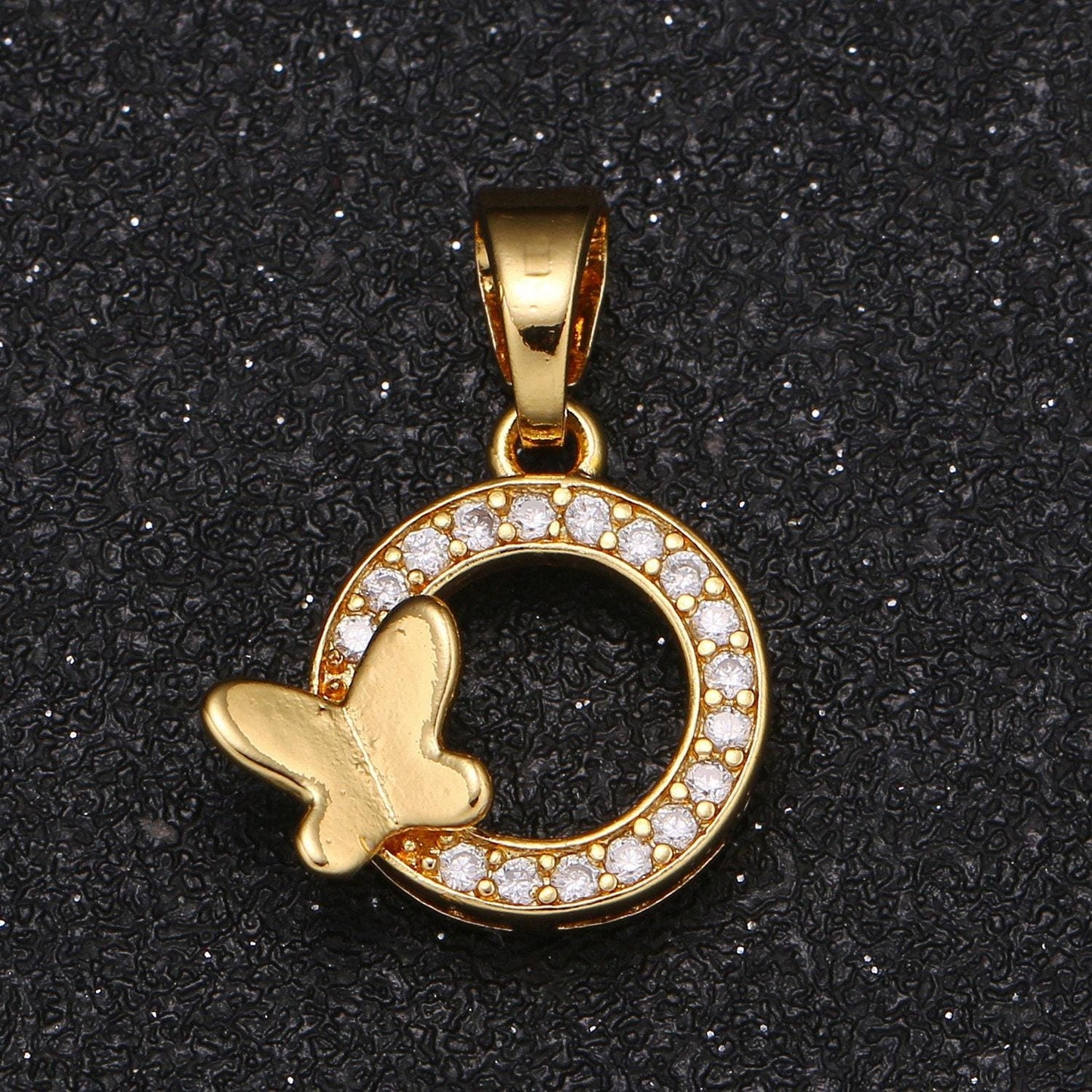 Gold round charm micro pave charm butterfly cubic dainty jewelry pendant luxury charm for jewelry supply -1053