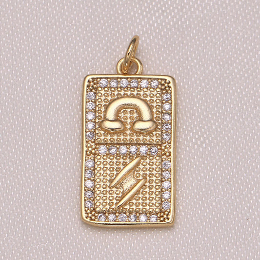 Gold tile charm rainbow thunder charm micro pave cz charm for jewelry making, 1001