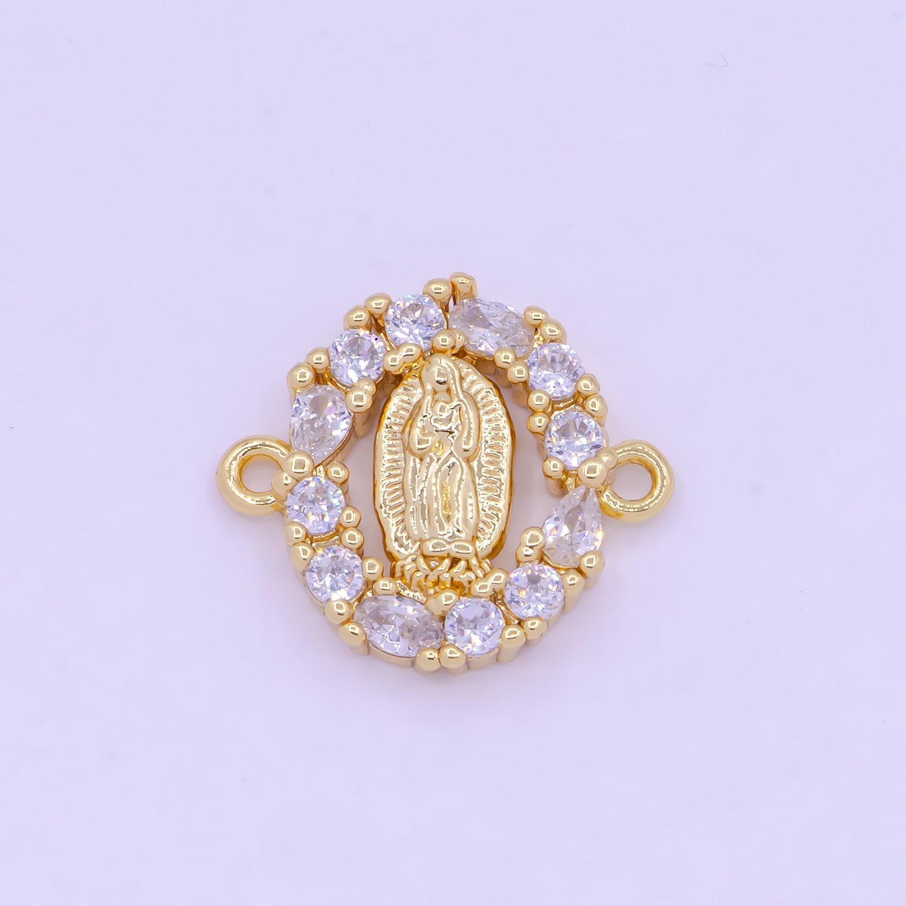 Our lady of guadalupe floral decorative edge charm connector, 24k gp clear micro paved cz virgin mary religious medallion connector | g-469