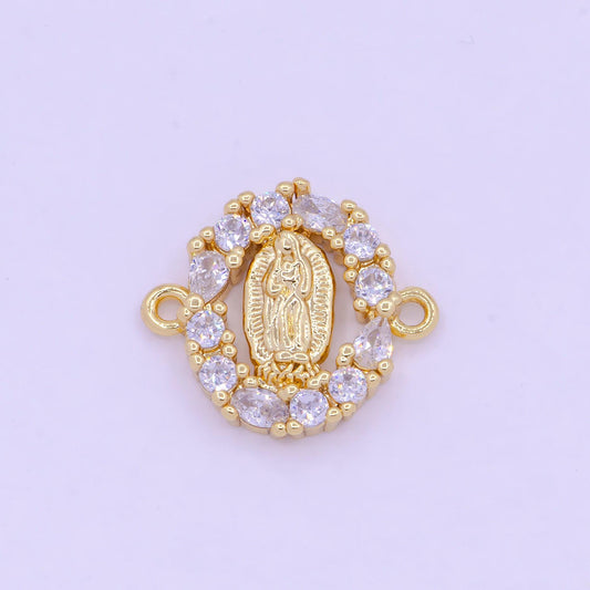 Our lady of guadalupe floral decorative edge charm connector, 24k gp clear micro paved cz virgin mary religious medallion connector | g-469