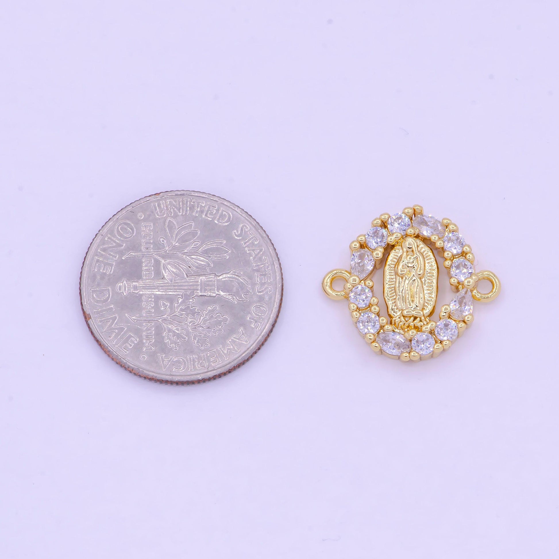 Our lady of guadalupe floral decorative edge charm connector, 24k gp clear micro paved cz virgin mary religious medallion connector | g-469