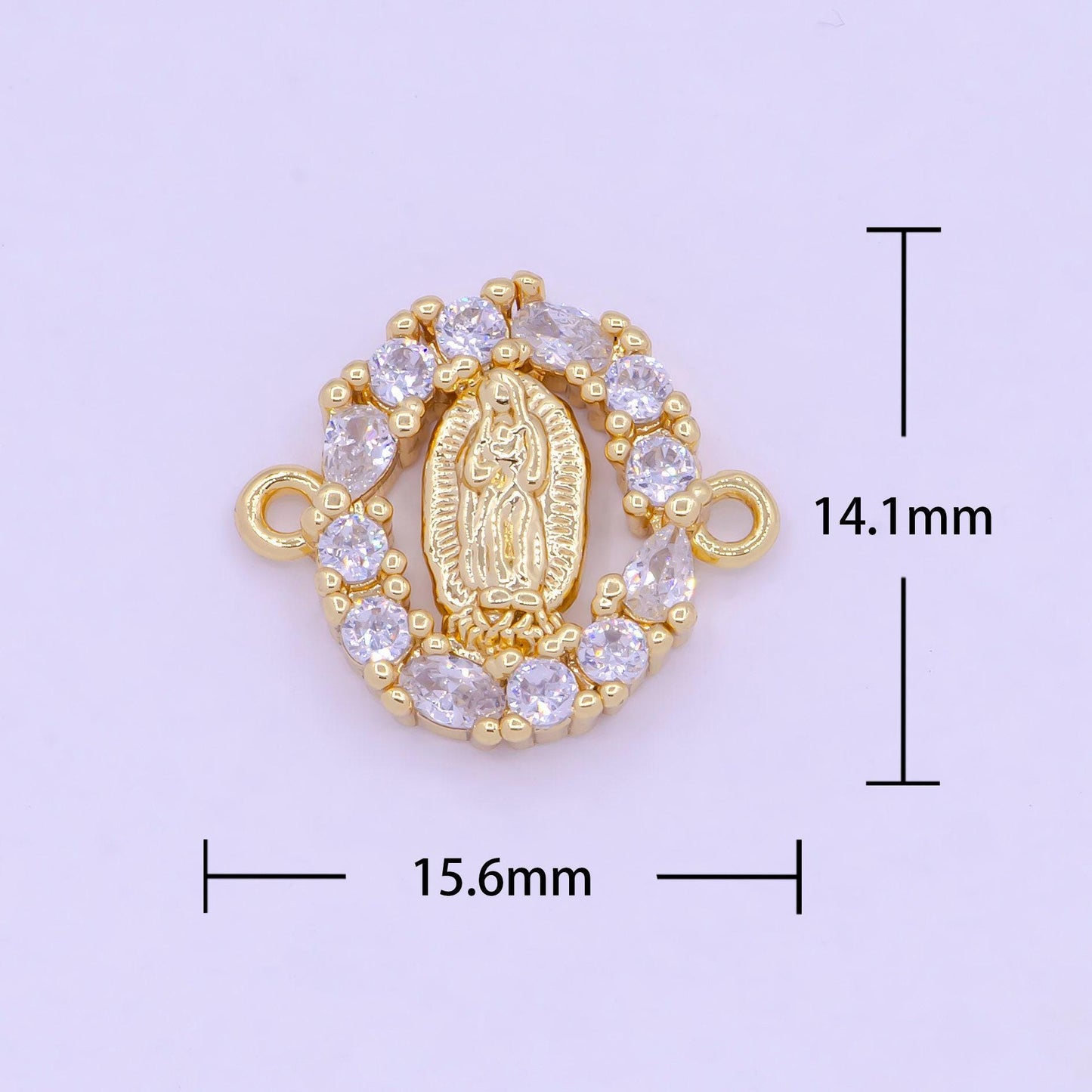 Our lady of guadalupe floral decorative edge charm connector, 24k gp clear micro paved cz virgin mary religious medallion connector | g-469