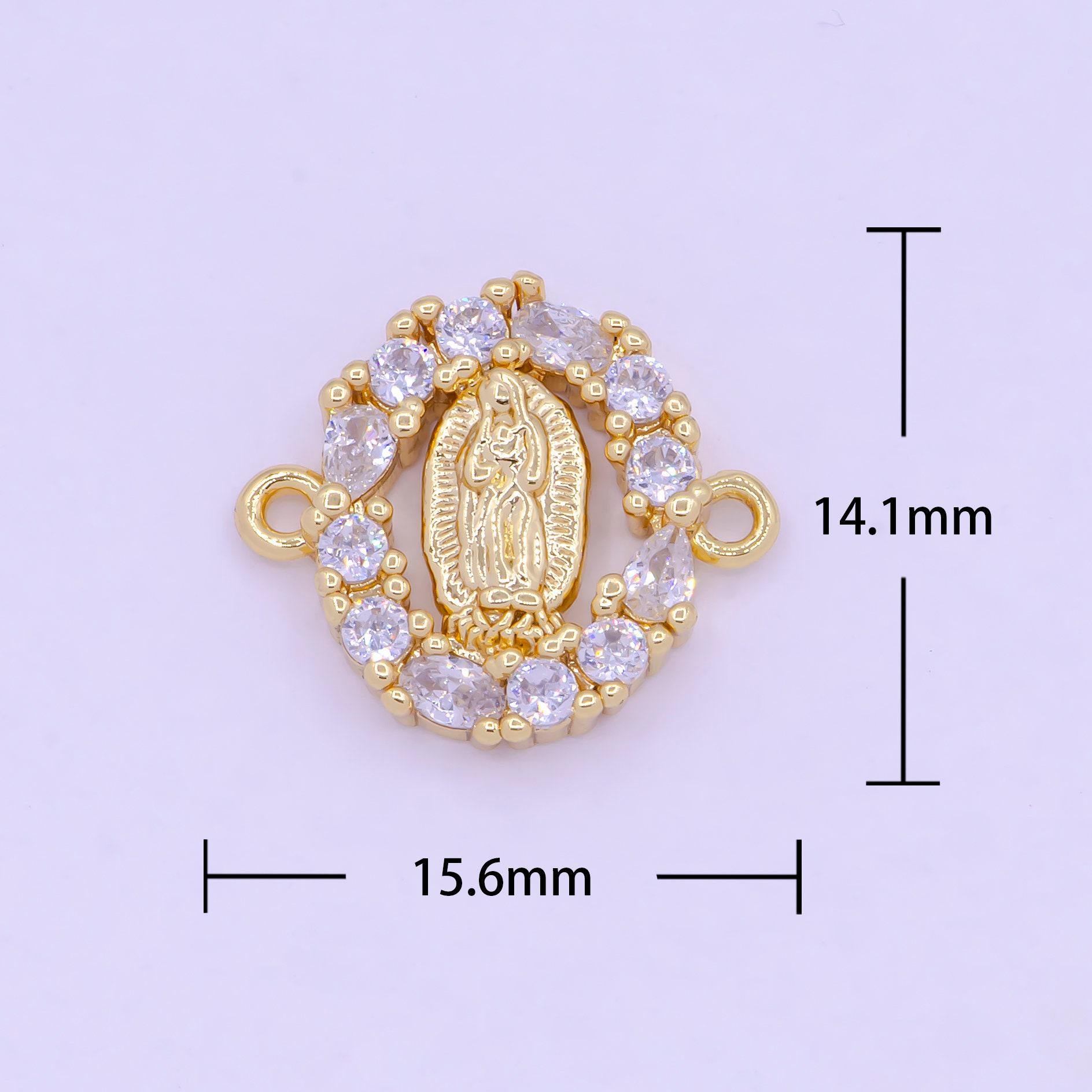 Our lady of guadalupe floral decorative edge charm connector, 24k gp clear micro paved cz virgin mary religious medallion connector | g-469