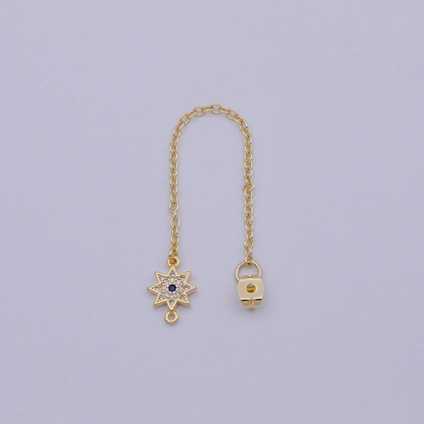Back stopper w/ chain cz north star charm 2 pcs gold filled nickel free, butterfly clutch chain dainty earring back k-198