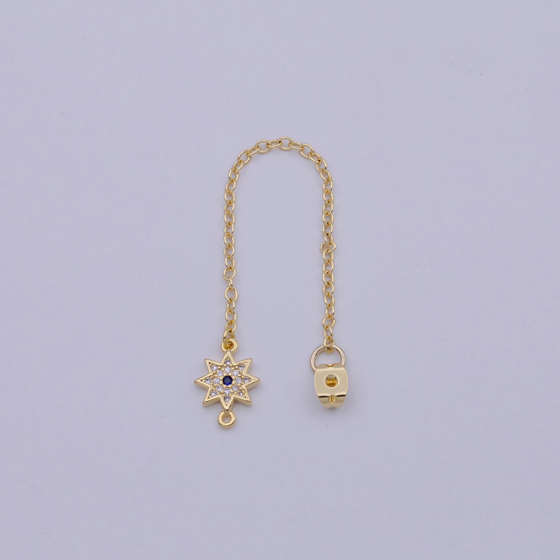 Back stopper w/ chain cz north star charm 2 pcs gold filled nickel free, butterfly clutch chain dainty earring back k-198