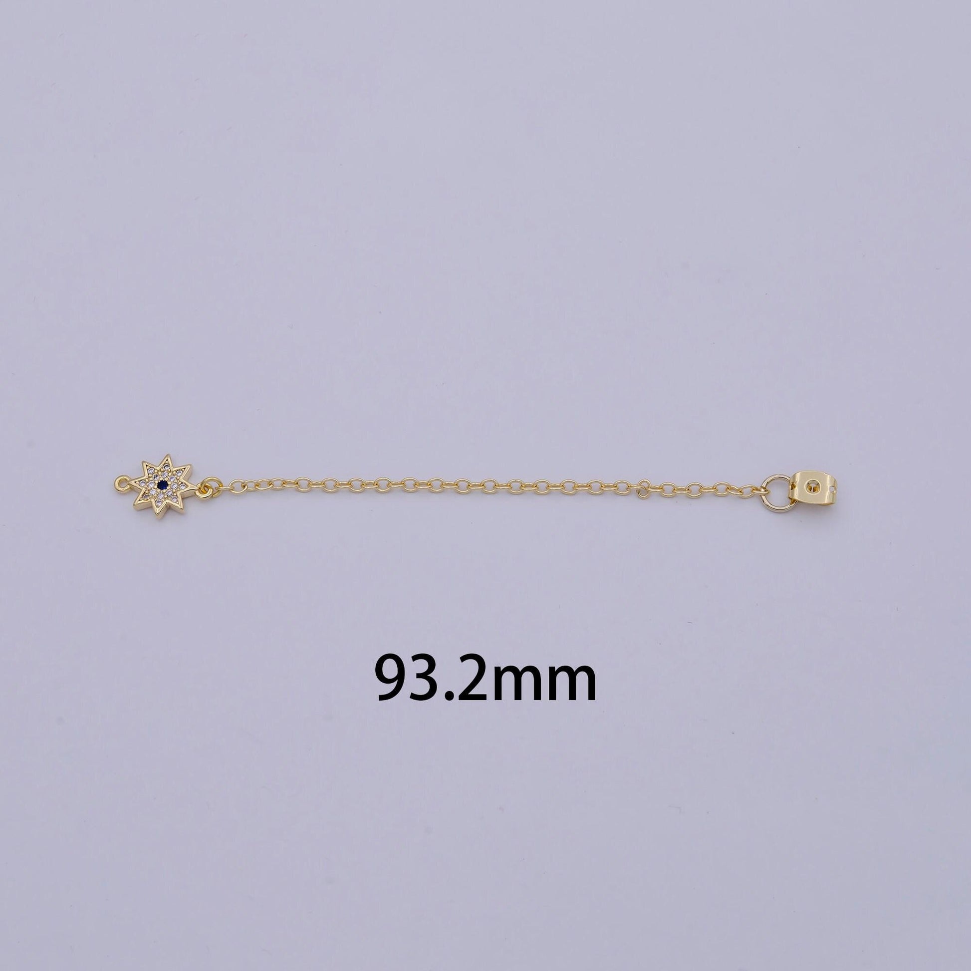 Back stopper w/ chain cz north star charm 2 pcs gold filled nickel free, butterfly clutch chain dainty earring back k-198