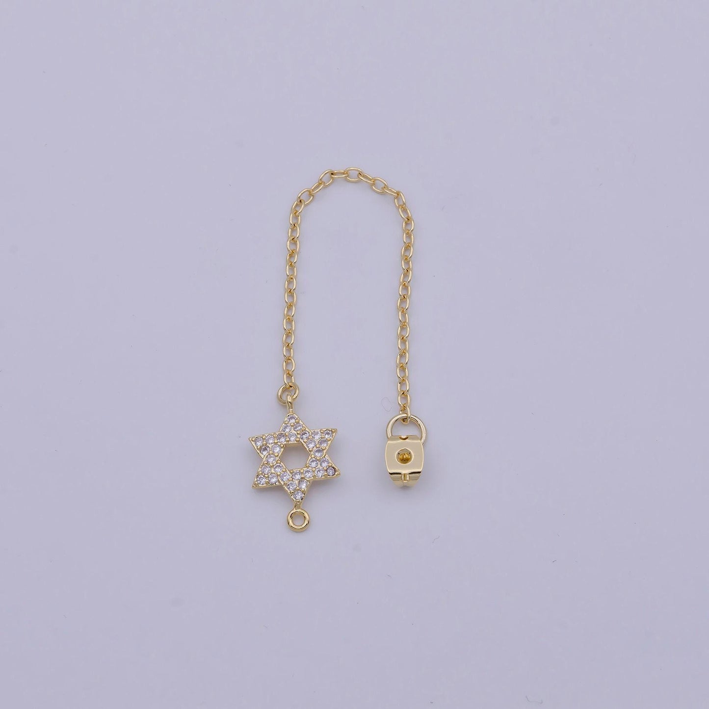 Back stopper w/ chain cz star of david charm 2 pcs gold filled nickel free, butterfly clutch chain dainty earring back k-188