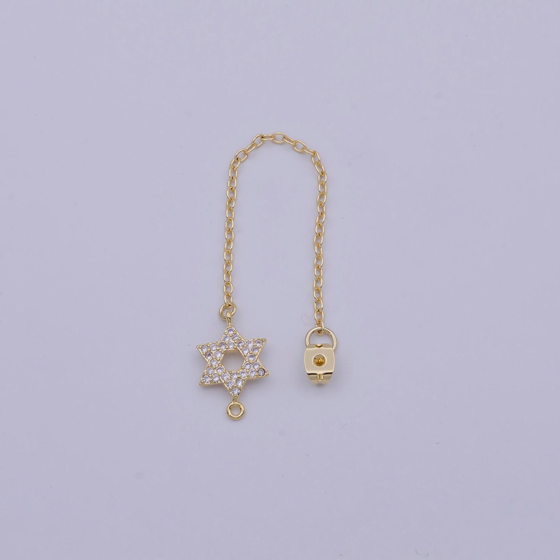 Back stopper w/ chain cz star of david charm 2 pcs gold filled nickel free, butterfly clutch chain dainty earring back k-188