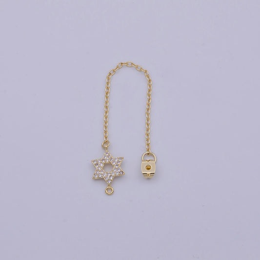 Back stopper w/ chain cz star of david charm 2 pcs gold filled nickel free, butterfly clutch chain dainty earring back k-188