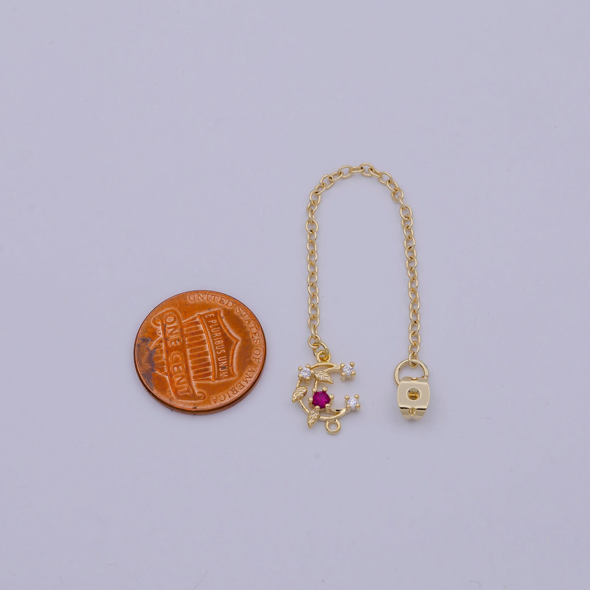 Back stopper w/ chain pink crescent moon charm 2 pcs gold filled nickel free, butterfly clutch chain dainty earring back k-187