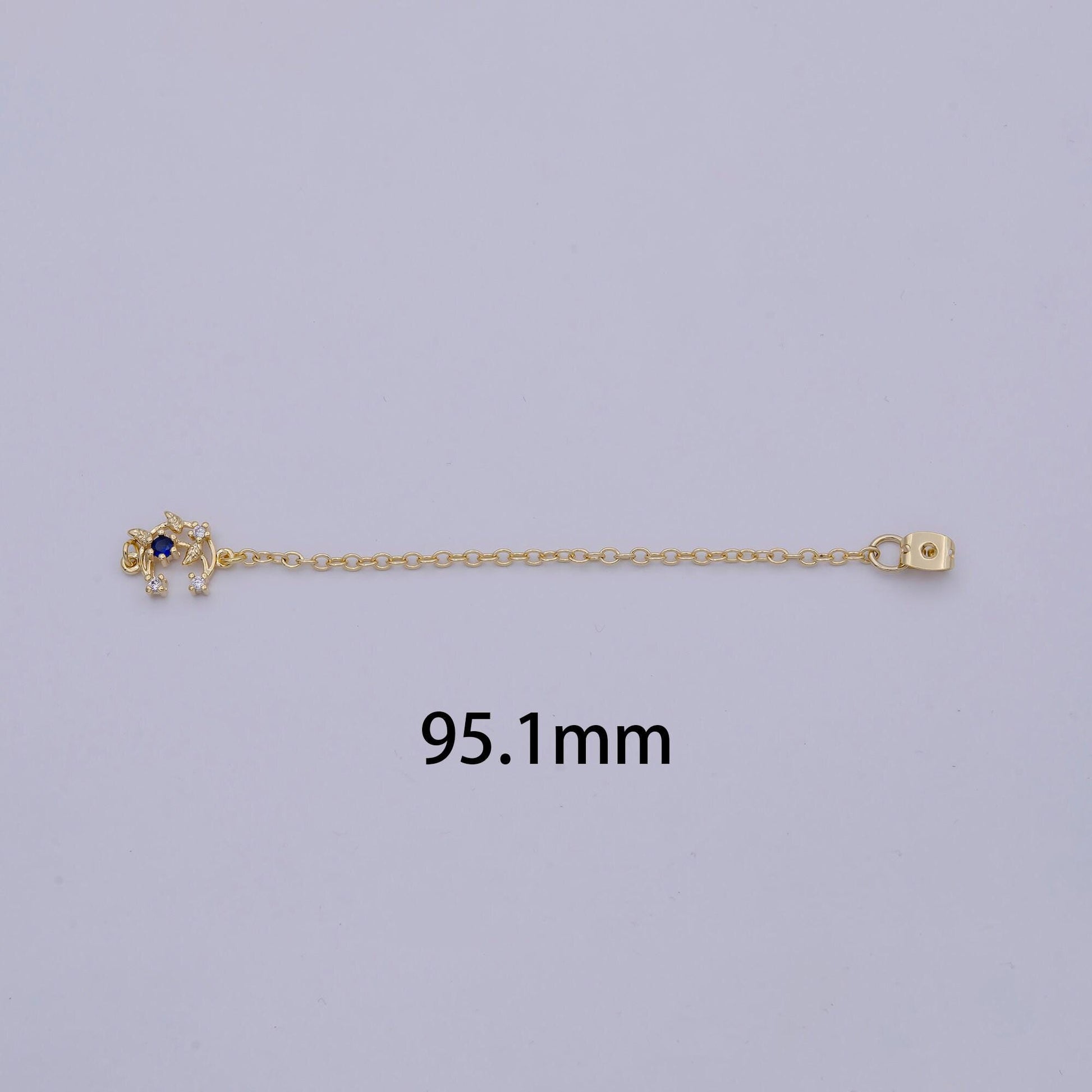 Back stopper w/ chain blue crescent moon charm 2 pcs gold filled nickel free, butterfly clutch chain dainty earring back k-186