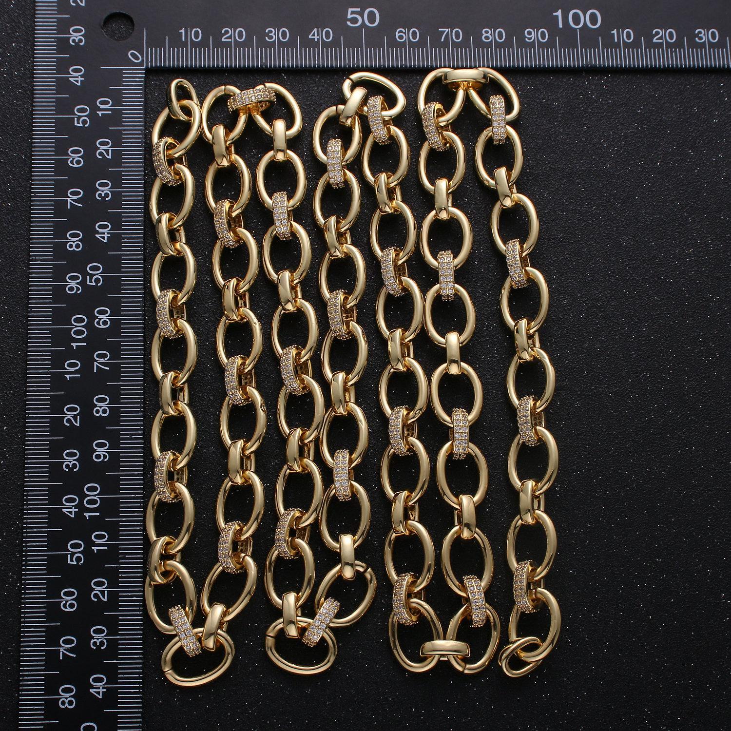 Chunky 14k gold micro pave chain by meter, cz cable chain necklace specialtylink chain by meter rolo cable for fashion jewelry,rl-245