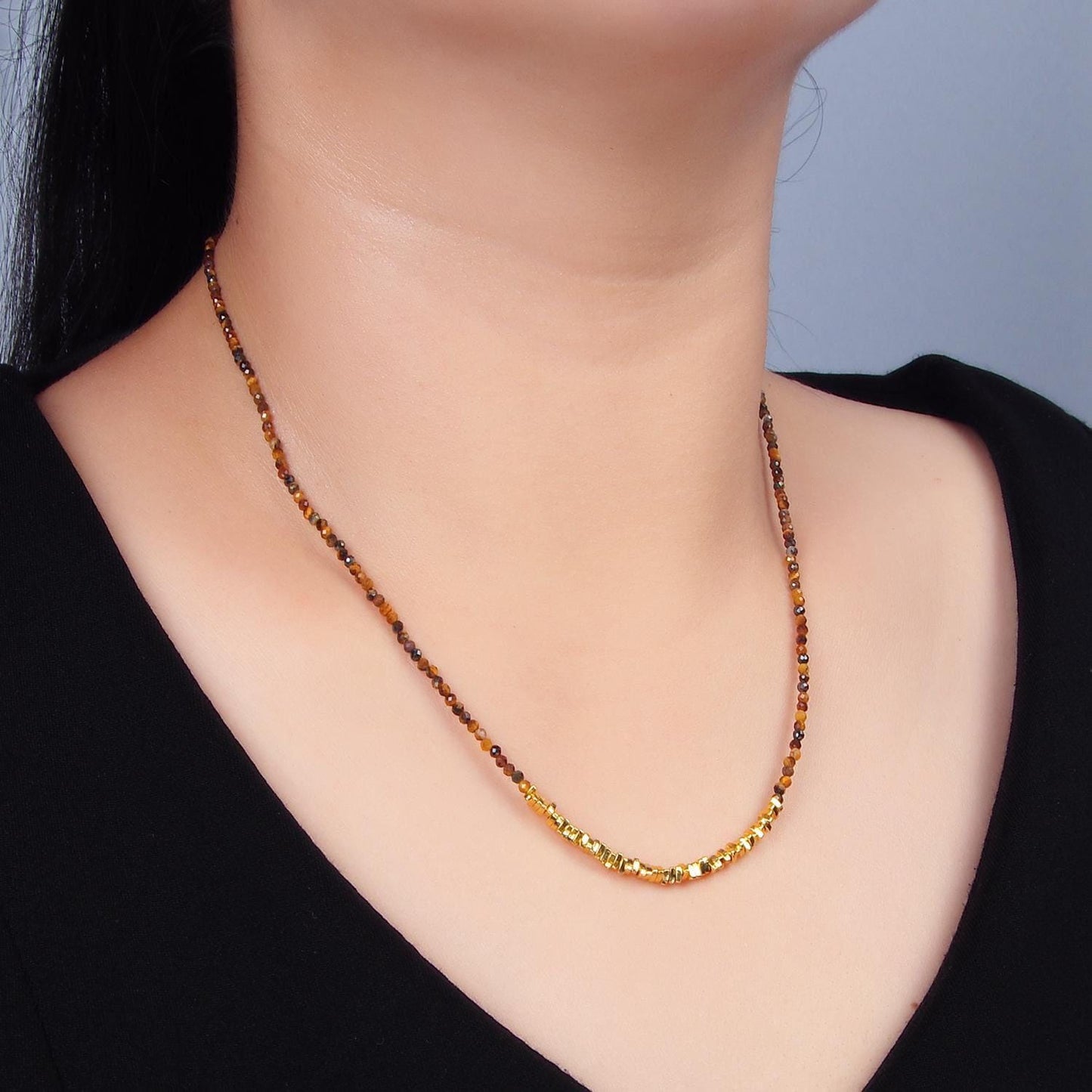 Dainty handmade brown tiger eye bead multifaceted 14k gold filled beaded necklace | wa-2648