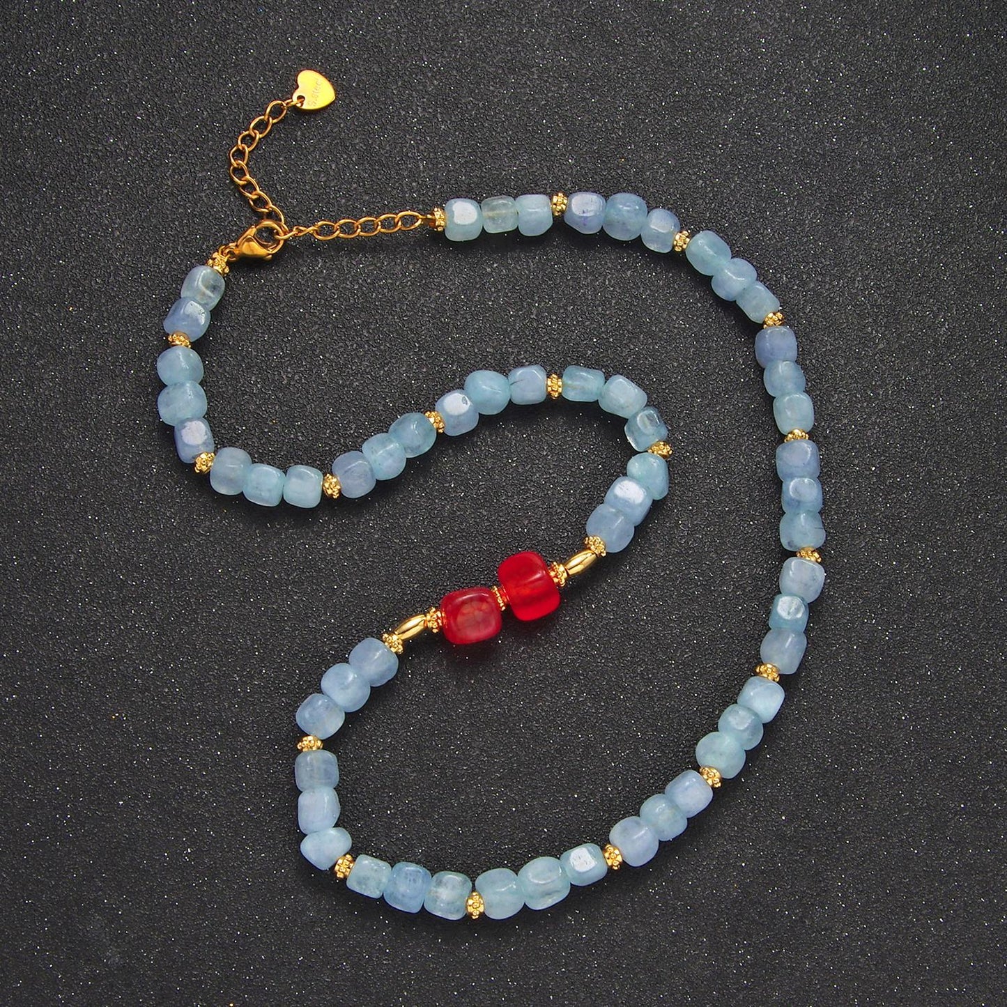 Carnelian aquamarine 14k gold filled beaded necklace Handmade 15.5 inch Necklace | wa-2645