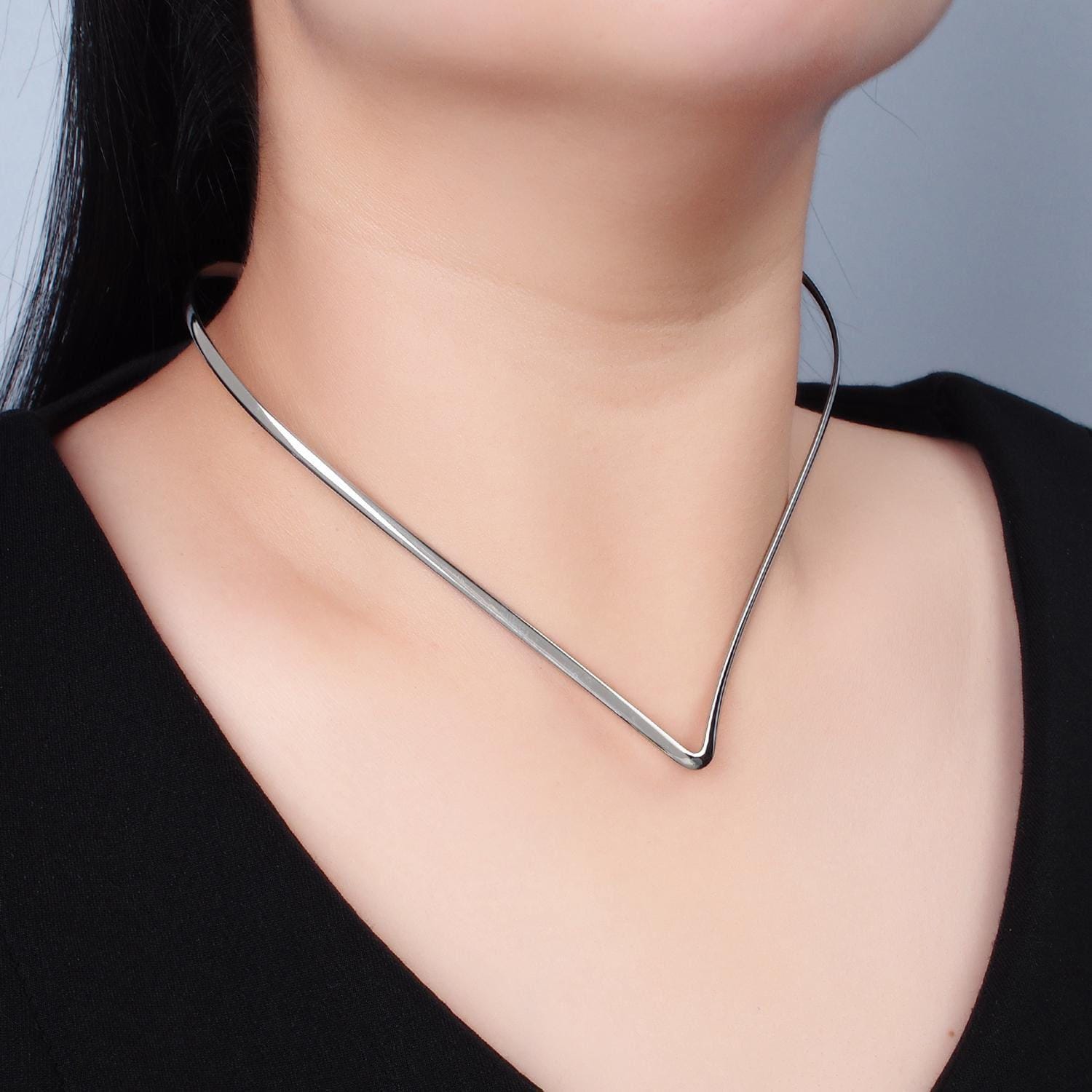 Curved point chevron stainless steel choker necklace in gold & silver collar necklace | wa-2618 wa-2619