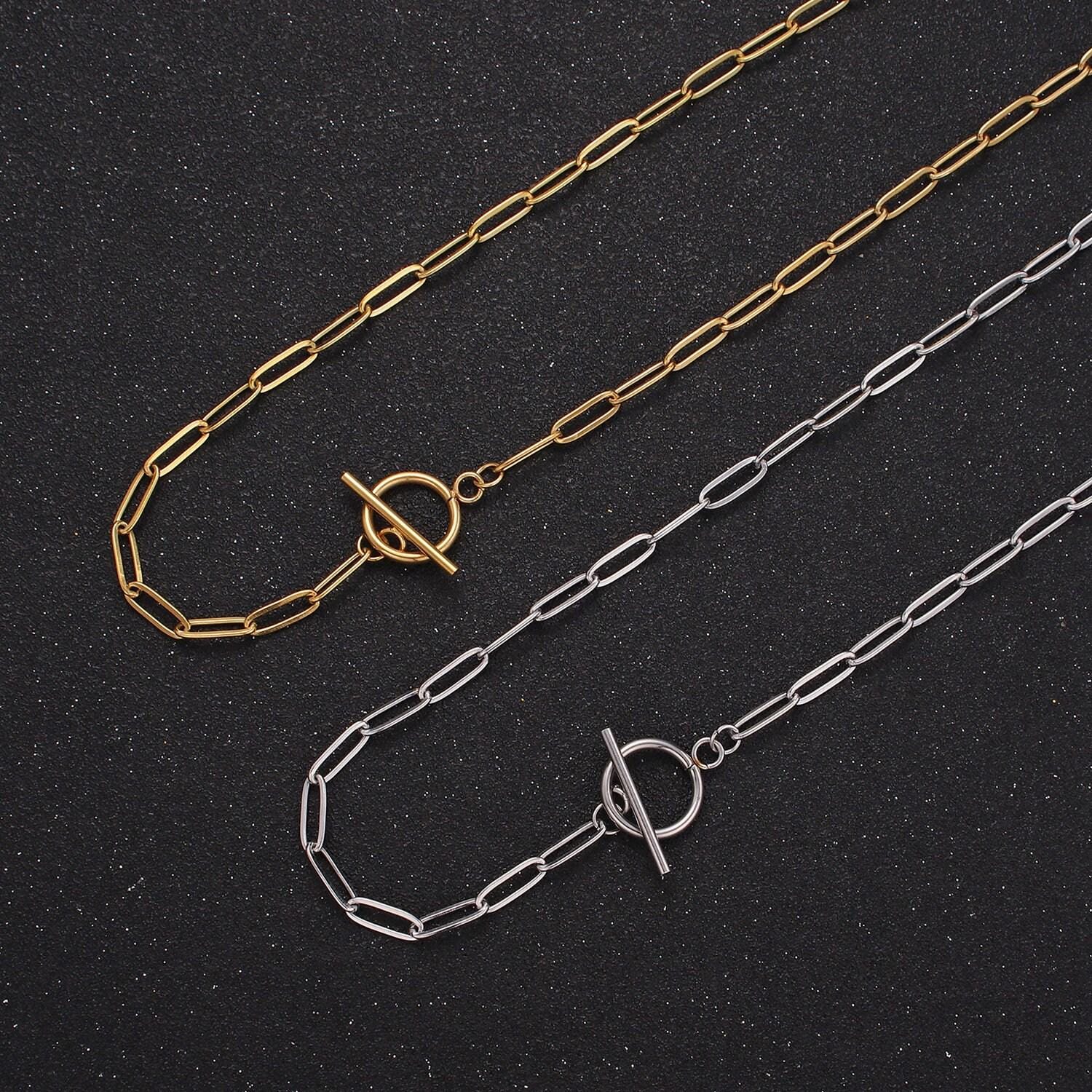 Dainty stainless steel paper clip chain necklace gold elongated necklace cable link chain 19 inch ready to wear necklace tarnish free wa2492