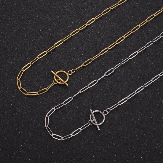 Dainty stainless steel paper clip chain necklace gold elongated necklace cable link chain 19 inch ready to wear necklace tarnish free wa2492
