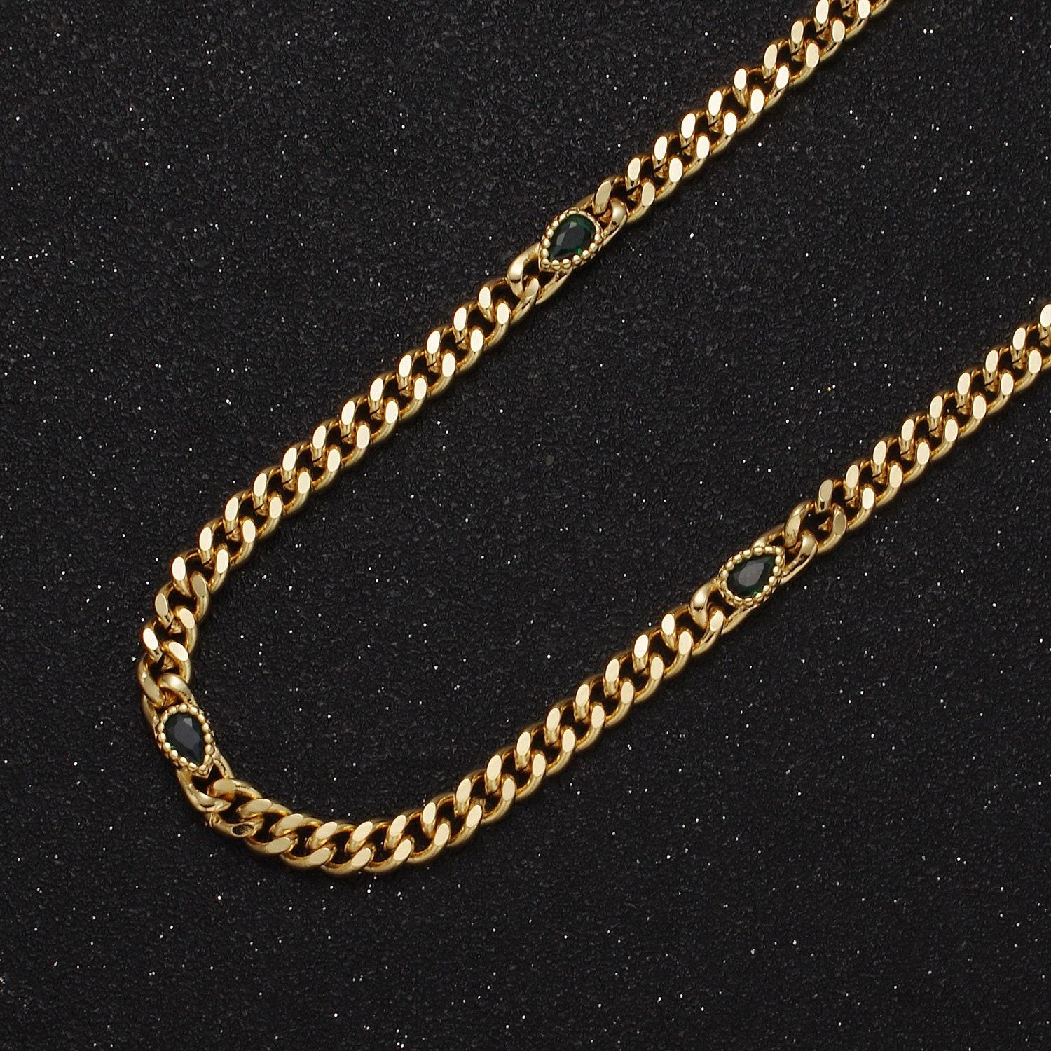 24k gold filled unfinished flat curb chain with crystal cubic zirconia cz teardrop stone by meter