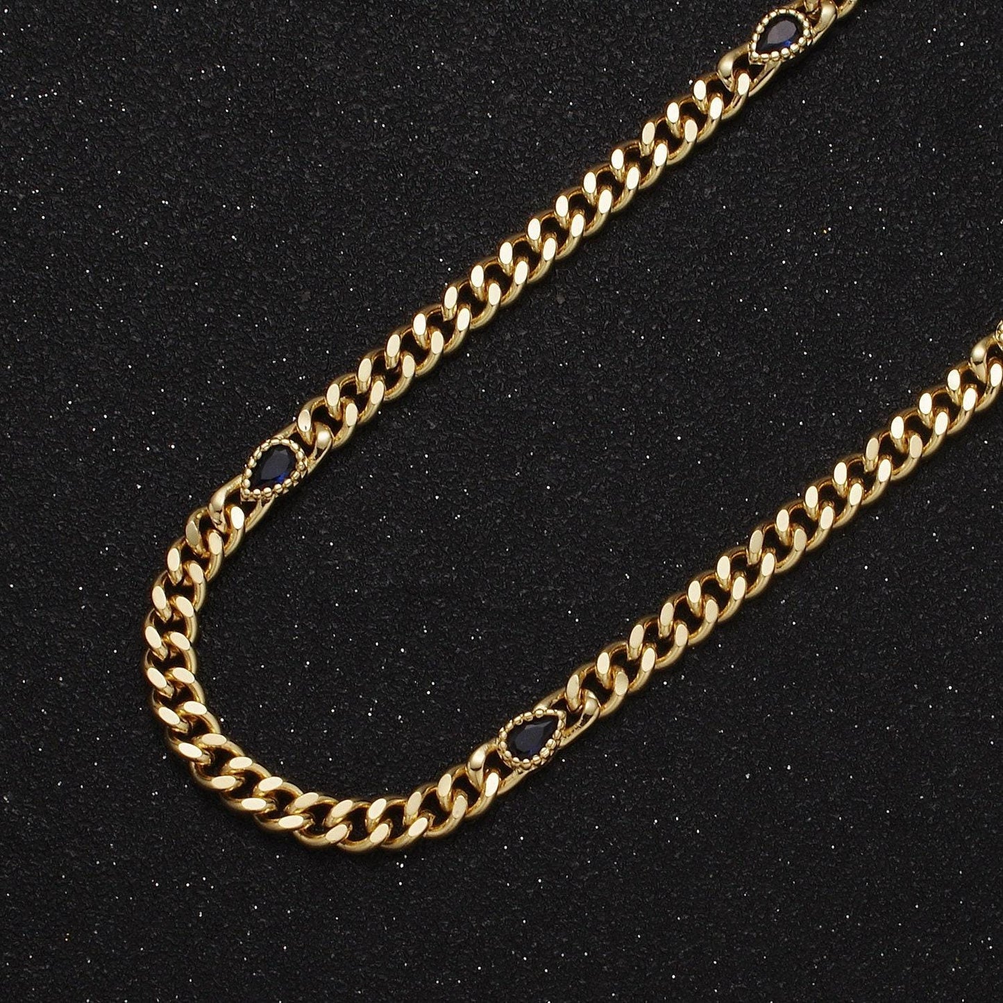 24k gold filled unfinished flat curb chain with crystal cubic zirconia cz teardrop stone by meter