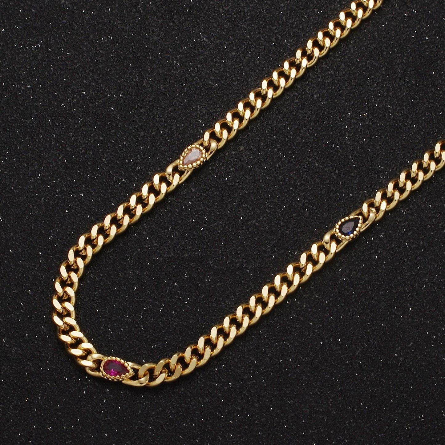 24k gold filled unfinished flat curb chain with crystal cubic zirconia cz teardrop stone by meter