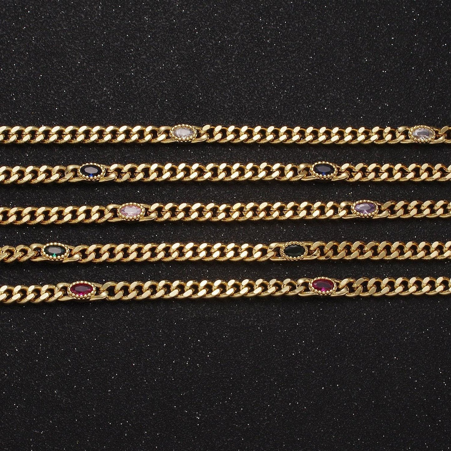 24k gold filled unfinished flat curb chain with crystal cubic zirconia cz oval stone by meter