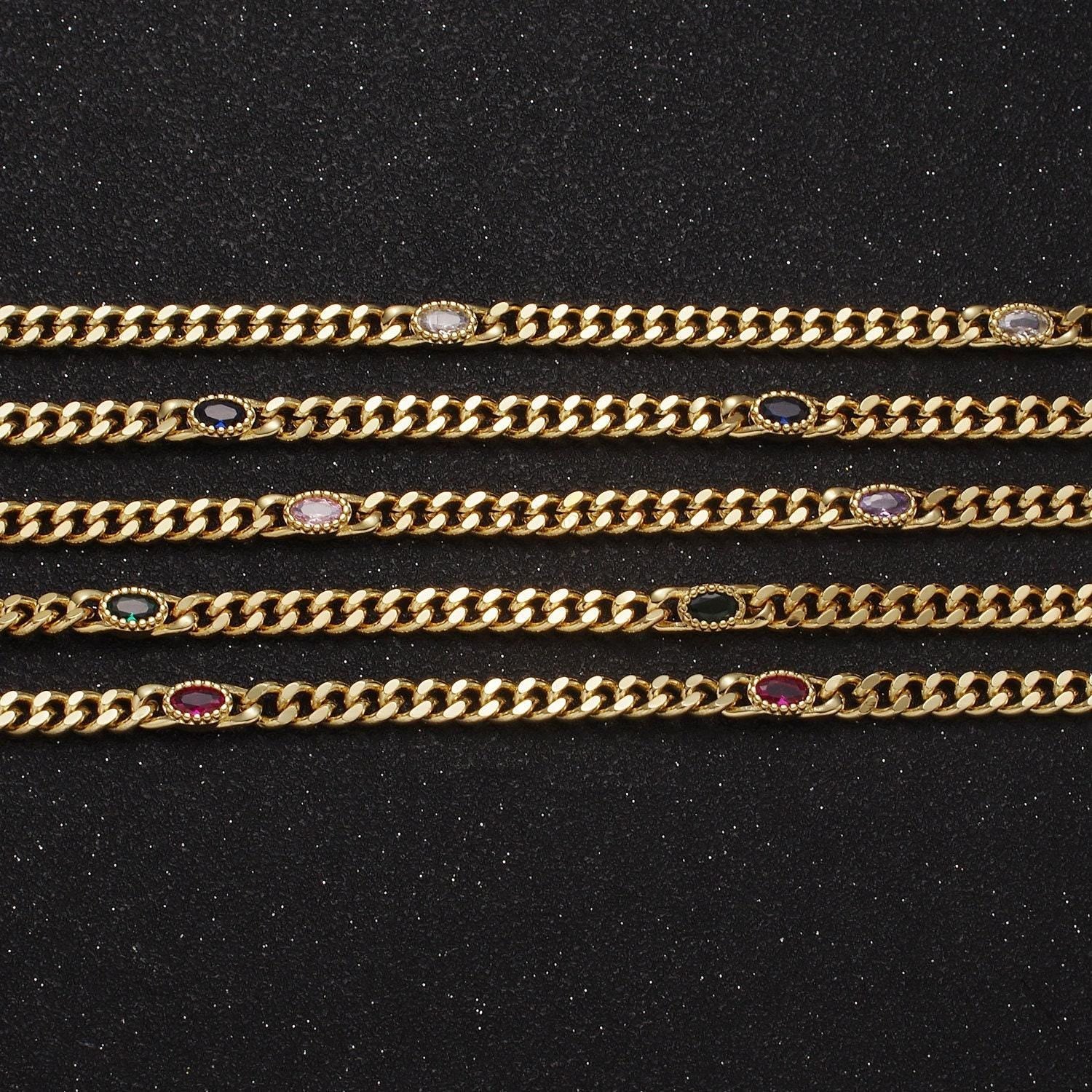 24k gold filled unfinished flat curb chain with crystal cubic zirconia cz oval stone by meter